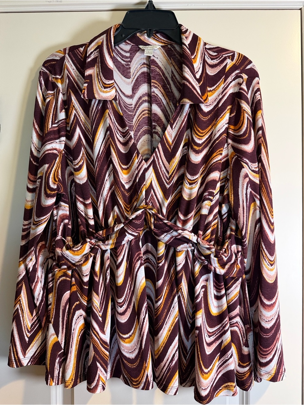 Cato - Swirl Print Peplum Blouse in Burgundy, White, Mustard - Size L
